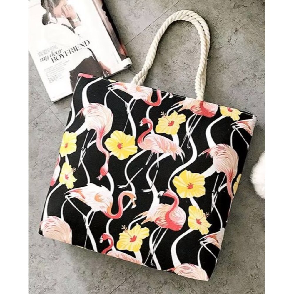 Pink Flamingo Flowers Canvas Tote Purse Handbag Shopping Bag Travel Carry-On NEW